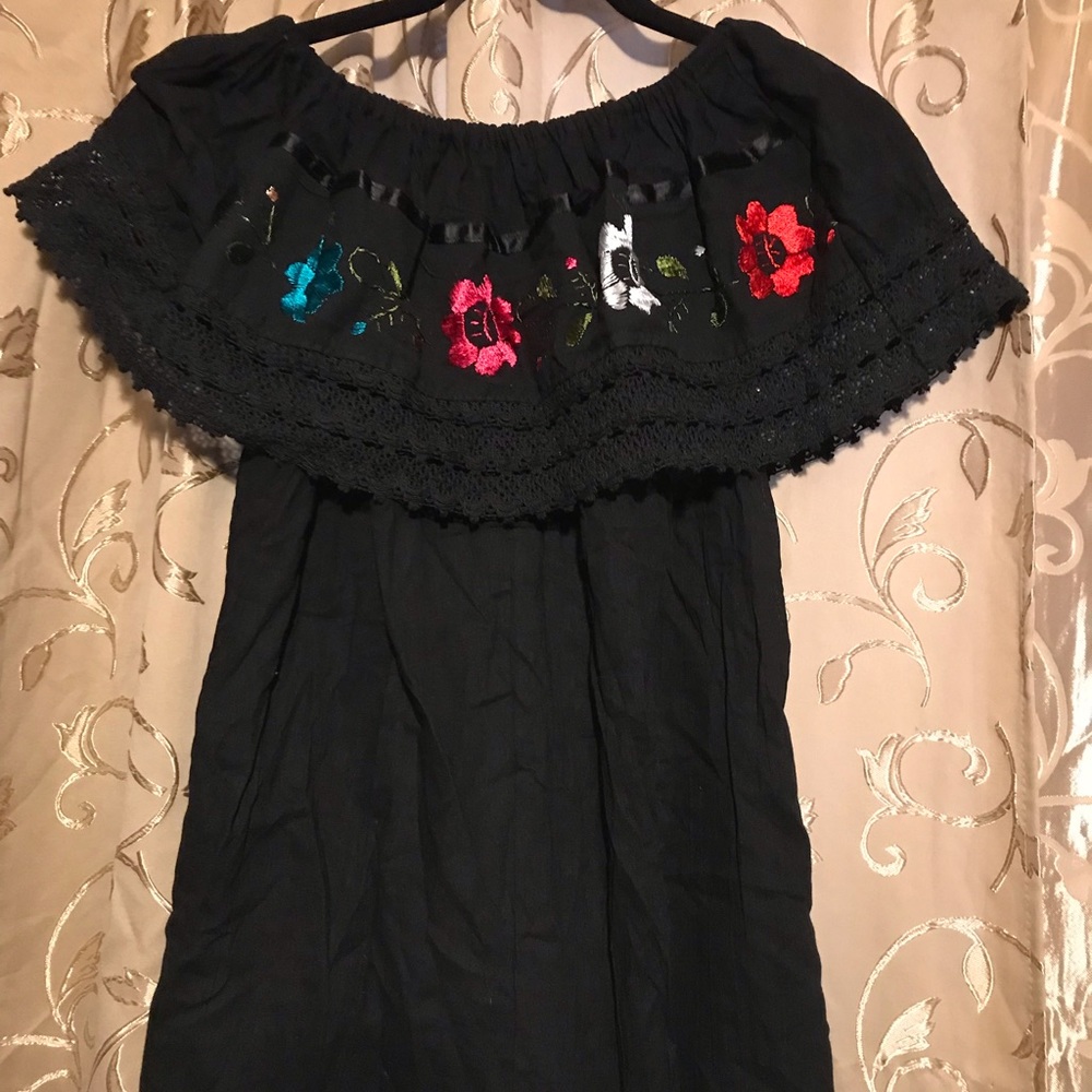 Black Off Shoulder Top With Floral Embroidery